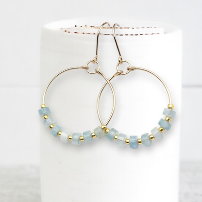 Gold Hoop Earrings with Aquamarine Gemstones