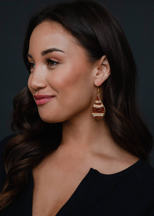 Red/Orange & Tan Beaded Earrings