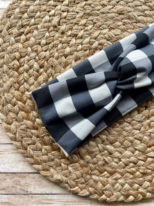 Black and White Buffalo Plaid Knit Twist Headband