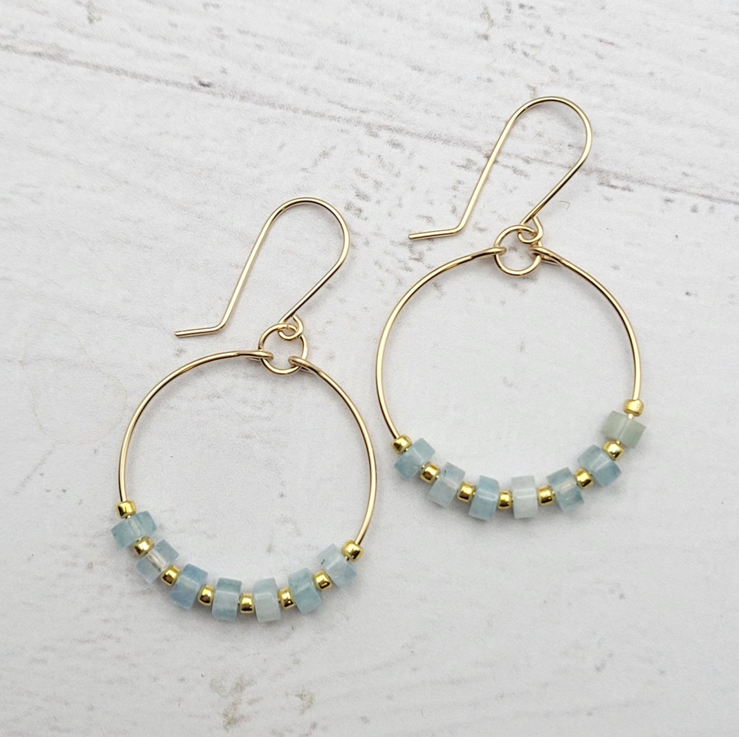 Gold Hoop Earrings with Aquamarine Gemstones
