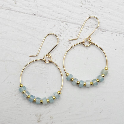 Gold Hoop Earrings with Aquamarine Gemstones