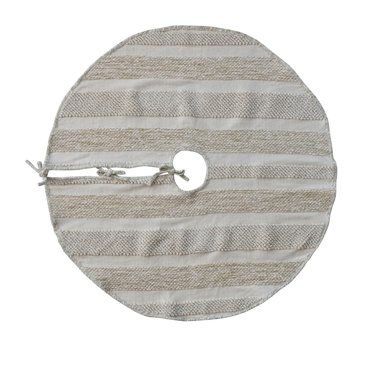 48" Round Woven Cotton & Fabric Blend Striped Tree Skirt with Embroidery & Ties - La Vie Est Belle