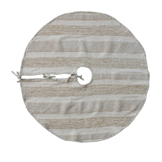 48" Round Woven Cotton & Fabric Blend Striped Tree Skirt with Embroidery & Ties - La Vie Est Belle