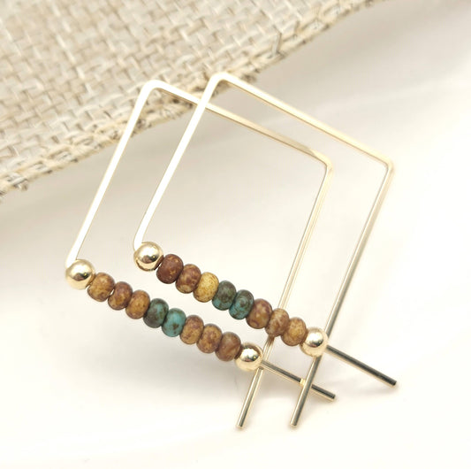 Gold Square Threader Hoops with Turquoise & Tan Beads