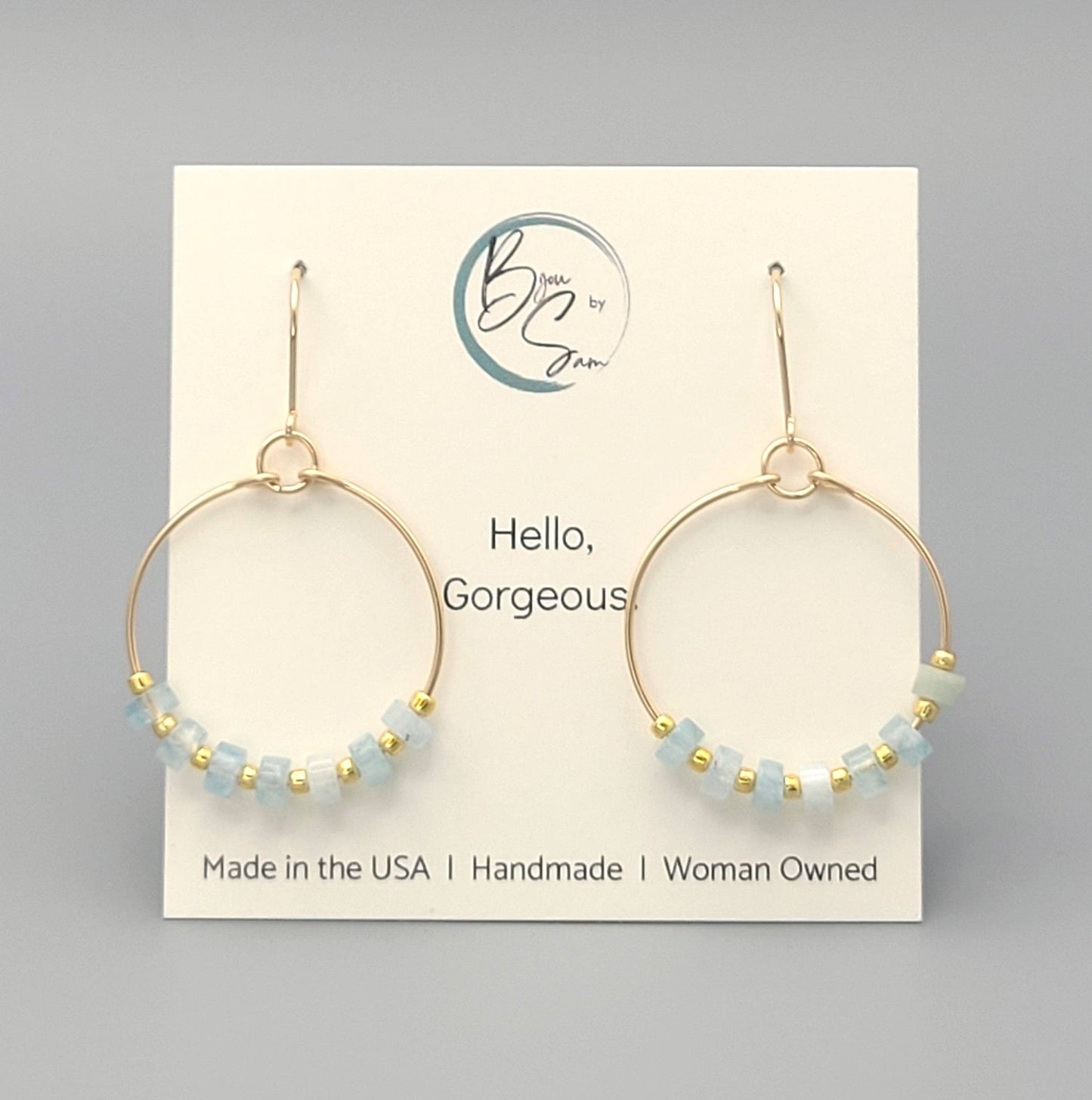 Gold Hoop Earrings with Aquamarine Gemstones