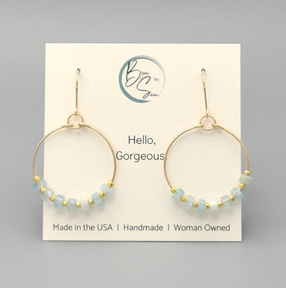 Gold Hoop Earrings with Aquamarine Gemstones