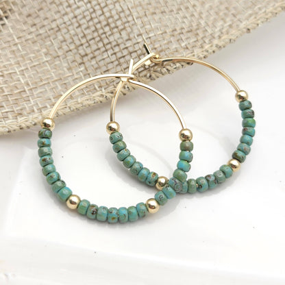 Gold Filled Boho Hoop with Turquoise Beads - Summer Earrings