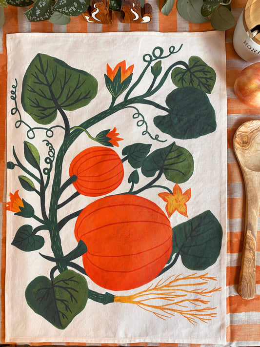 Pumpkin Garden Tea Towel - Soft Peachy Pink Color