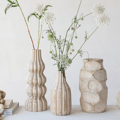 6 - 1/4" Round x 17"H Decorative Carved Paulownia Wood Vase, Natural - La Vie Est Belle