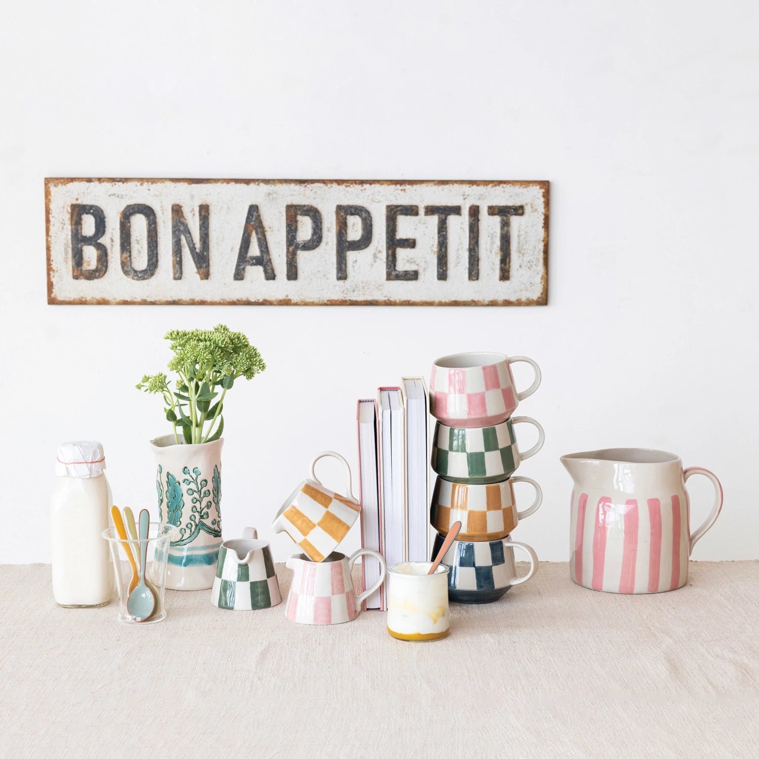 6 oz. Hand - Painted Stoneware Creamer, 3 Colors - La Vie Est Belle