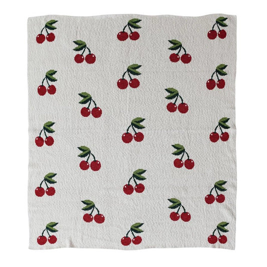 60"L x 50"W Cotton Knit Throw with Cherries, Natural, Red & Green - La Vie Est Belle