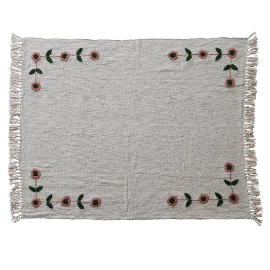 60"L x 50"W Woven Cotton Slub Throw with Hand - Embroidered Flowers & Fringe - La Vie Est Belle