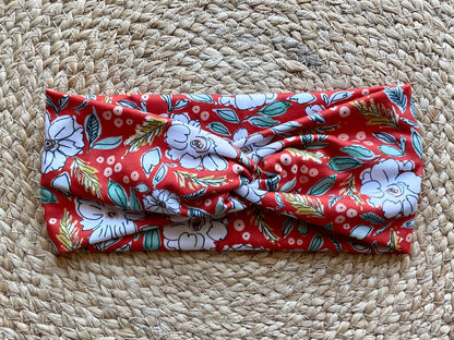 Red Christmas Blossoms Knit Twist Headband