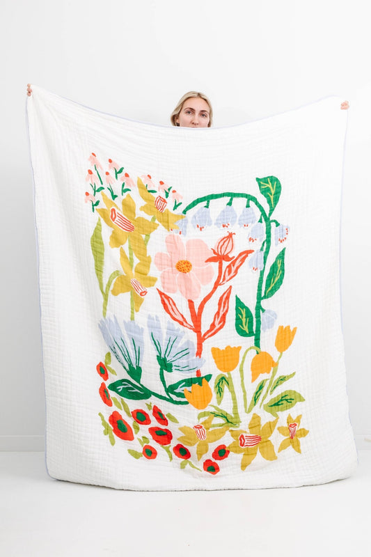 72"L x 60"W Cotton Throw Blanket with Bright Flowers - La Vie Est Belle