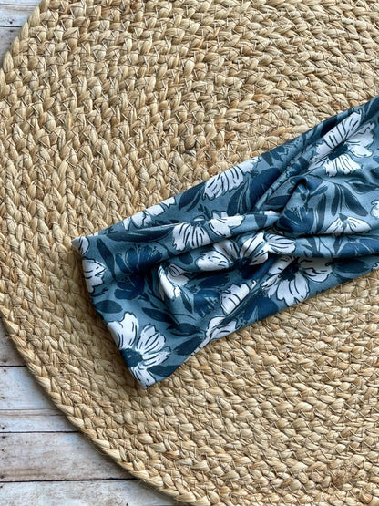 Fallen Blooms Cream and Blue Knit Twist Headband