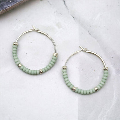 Sterling Silver Hoop Earrings with Pale Mint Green Seed Bead
