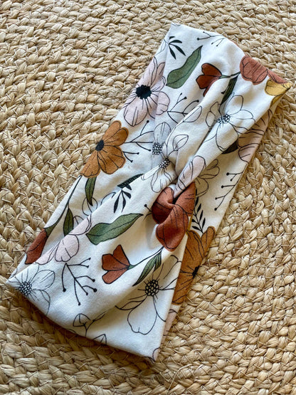 Cream Neutral Floral Knit Twist Headband