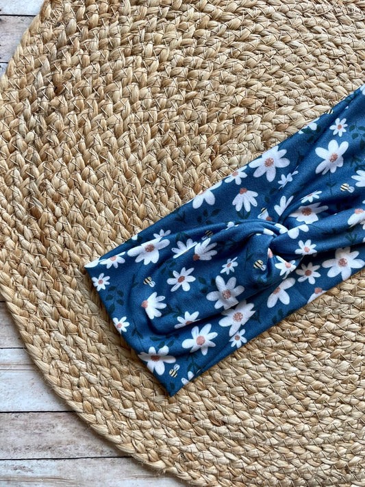 Dark Blue Daisy Knit Twist Headband