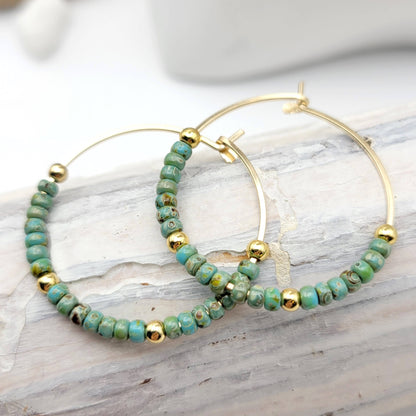 Gold Filled Boho Hoop with Turquoise Beads - Summer Earrings