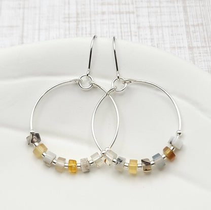 Silver Hoop Earrings with Montana Agate Gemstones