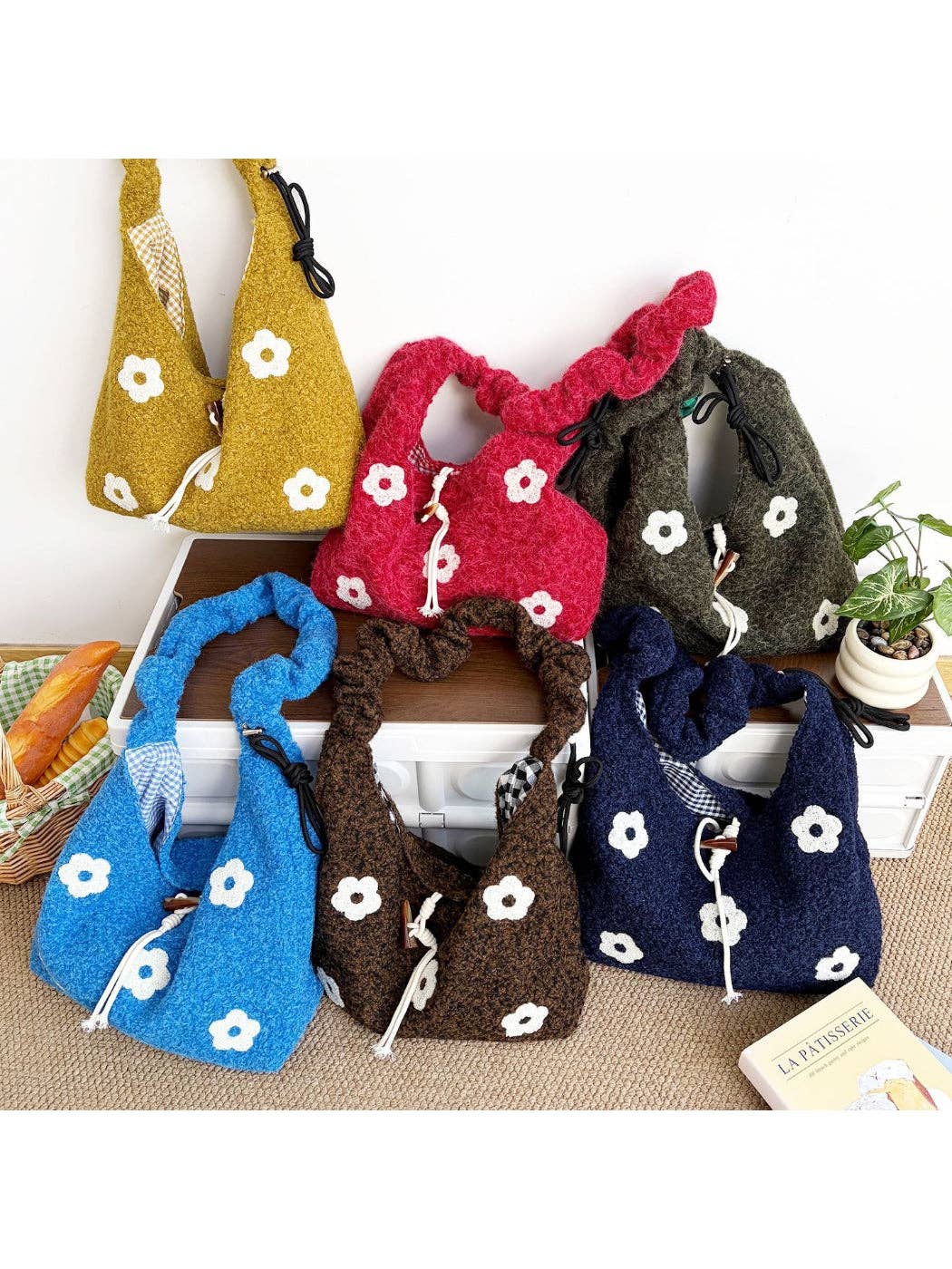 Cosbai - Floral Knit Drawstring Shoulder Bag