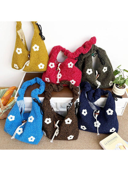 Cosbai - Floral Knit Drawstring Shoulder Bag