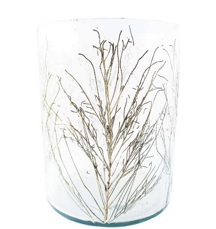 Recycled Glass Candle Holder w/ Embedded Salt Cedar Leaves