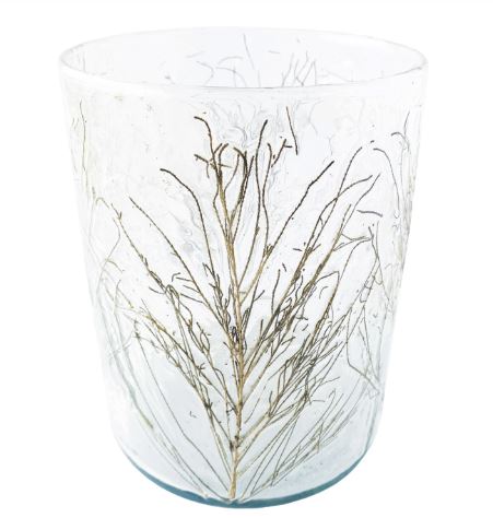 Recycled Glass Candle Holder w/ Embedded Salt Cedar Leaves