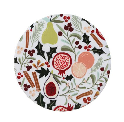 Enameled Mango Wood Pedestal w/ Fruit & Botanicals Pattern, Multi Color