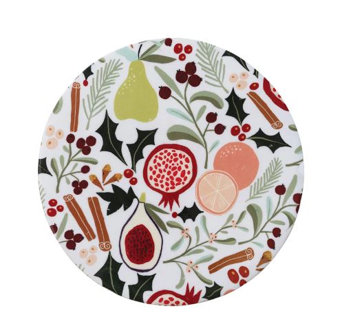 Enameled Mango Wood Pedestal w/ Fruit & Botanicals Pattern, Multi Color