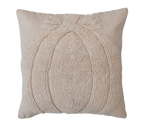 18" Square Cotton Slub Tufted Pillow w/ Pumpkin & Chambray Back, Cream Color