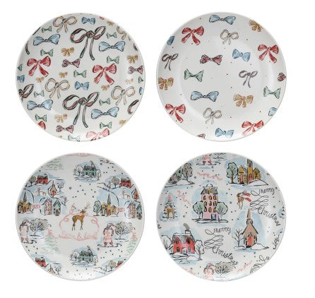 Stoneware Plate w/ Holiday Pattern, 4 Styles