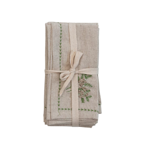 18" Square Cotton & Linen Napkins w/ Botanical, Embroidery & French Knots, Set of 4