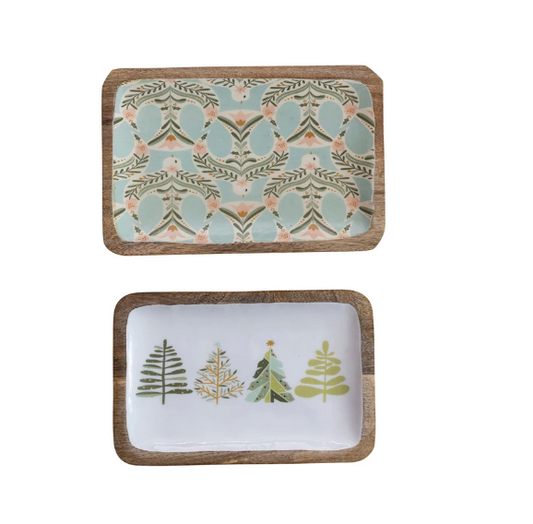 Enameled Mango Wood Trays w/ Dove/Trees Patterns, 2 Styles