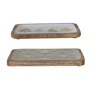 Enameled Mango Wood Trays w/ Dove/Trees Patterns, 2 Styles