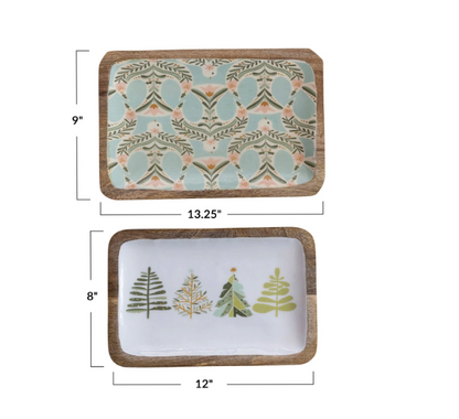 Enameled Mango Wood Trays w/ Dove/Trees Patterns, 2 Styles