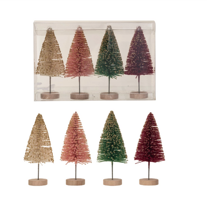 Sisal Bottle Brush Trees w/ Gold Glitter & Wood Base