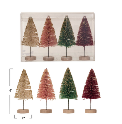 Sisal Bottle Brush Trees w/ Gold Glitter & Wood Base