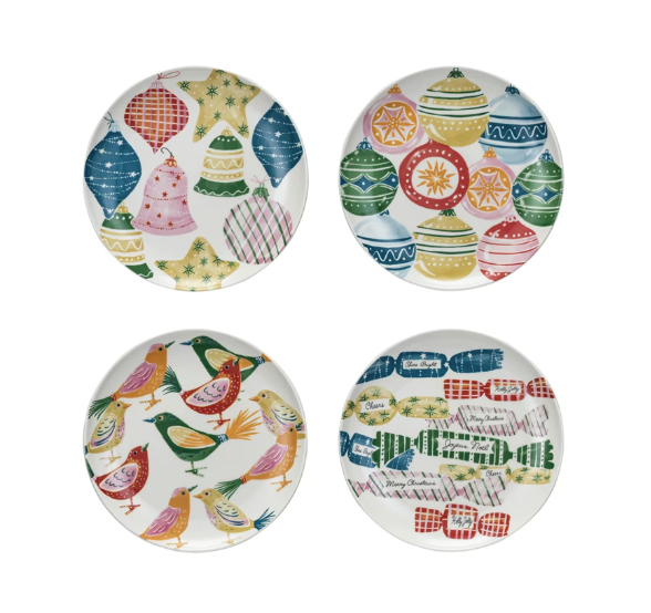 Stoneware Plate w/ Seasonal Pattern, 4 Styles