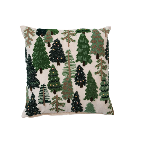 20" Square Cotton Slub Embroidered Tree Pillow