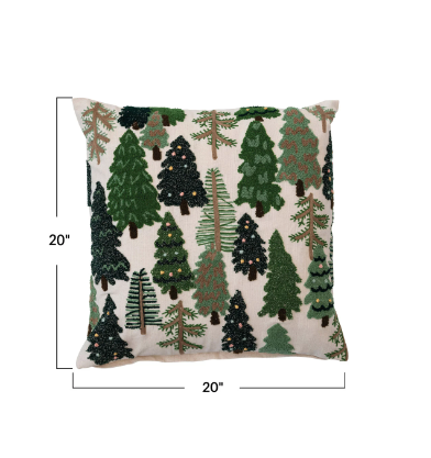 20" Square Cotton Slub Embroidered Tree Pillow