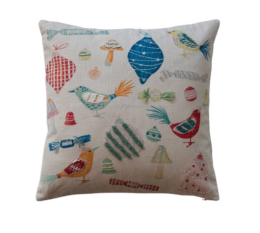 Square Cotton Slub Printed Pillow w/ Hand-Embroidery & Red Back