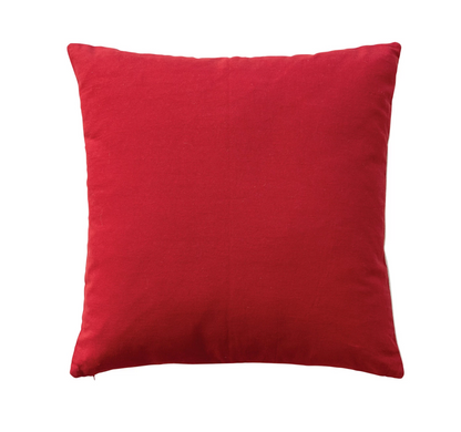 Square Cotton Slub Printed Pillow w/ Hand-Embroidery & Red Back