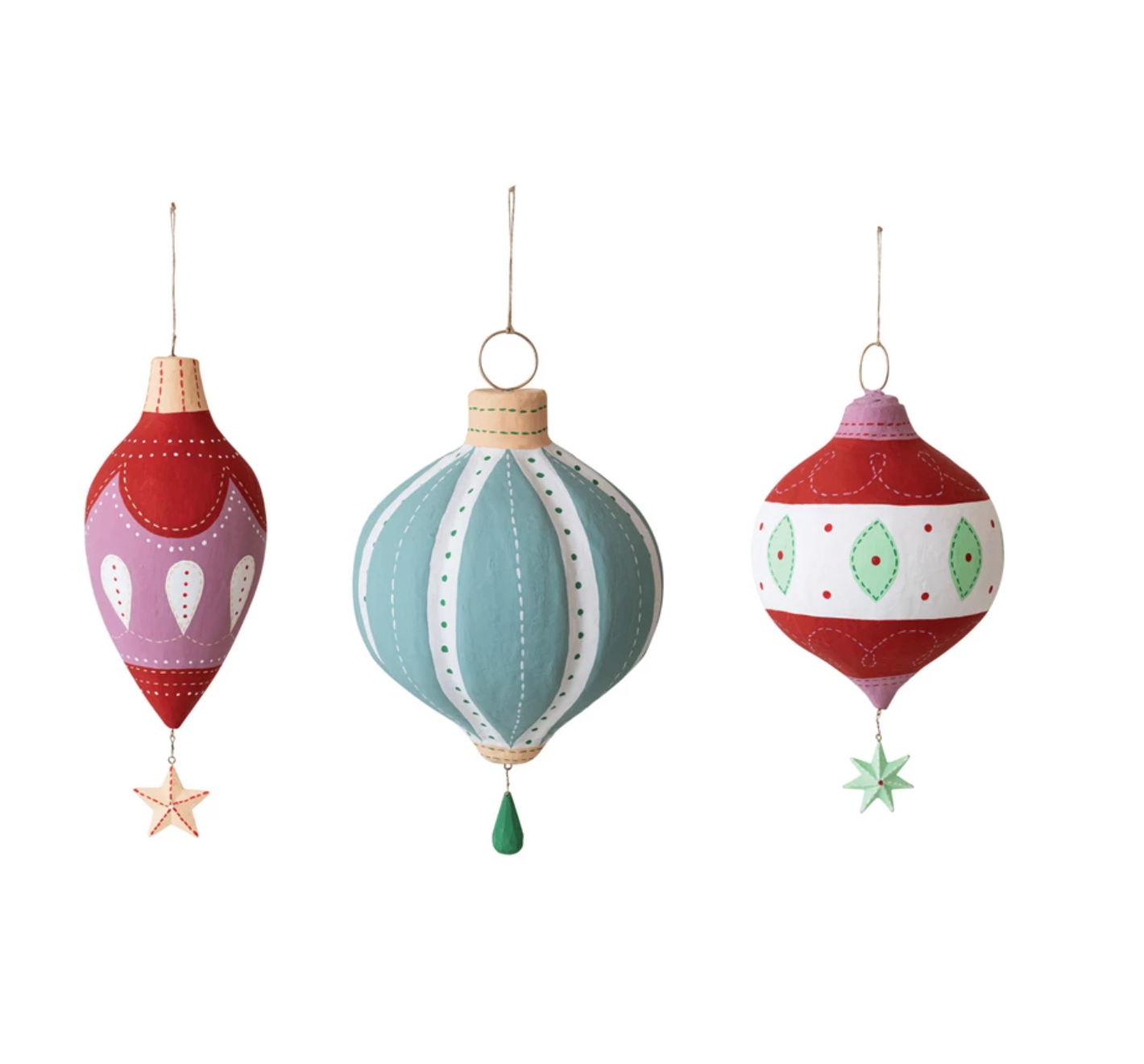 8"-9" Handmade Paper Mache Ornament w/ Hanging Star/Teardrop, 3 Styles