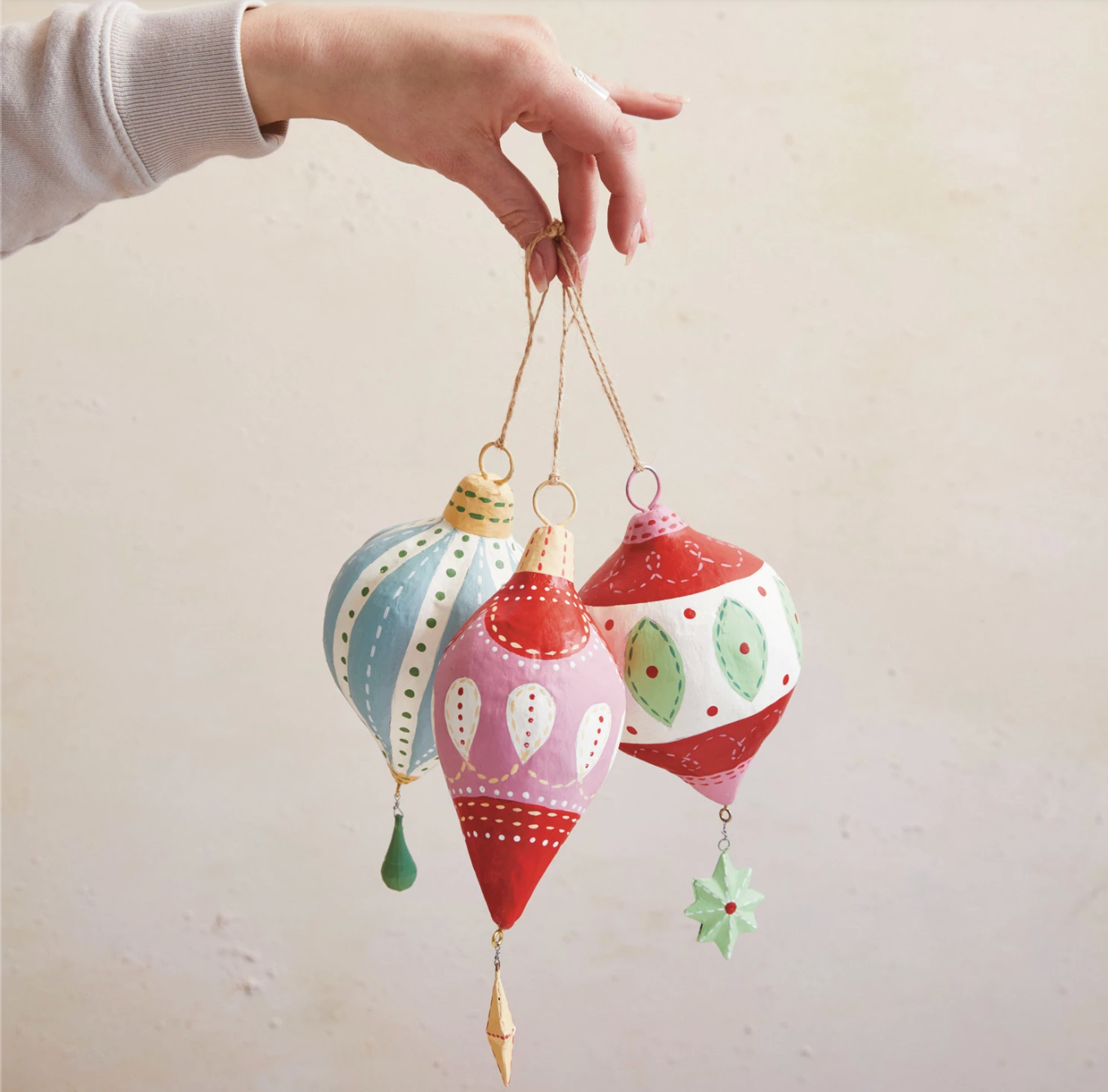 8"-9" Handmade Paper Mache Ornament w/ Hanging Star/Teardrop, 3 Styles