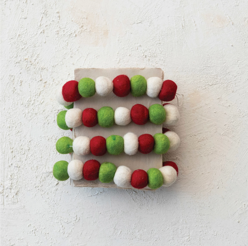 Handmade Wool Felt Ball Garland, Red, Green & Cream Color