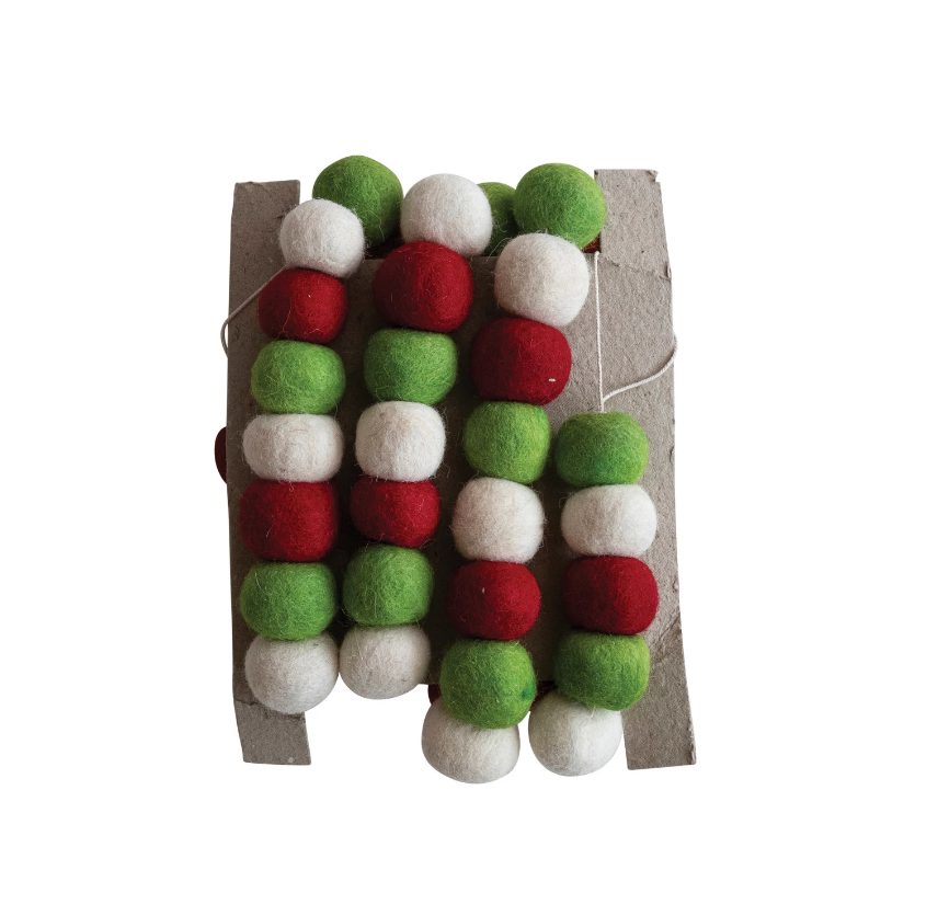 Handmade Wool Felt Ball Garland, Red, Green & Cream Color