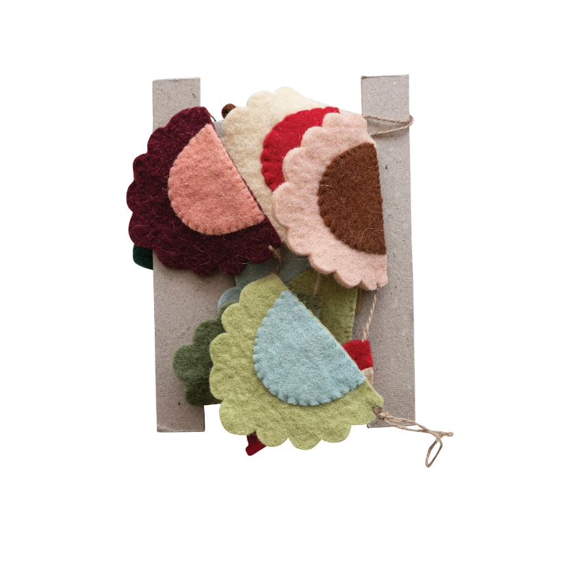 Handmade Wool Felt Scalloped Pennant Garland w/ Applique & Stitching, Multi Color