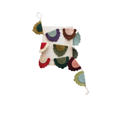 Handmade Wool Felt Scalloped Pennant Garland w/ Applique & Stitching, Multi Color