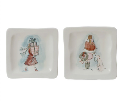 Stoneware Dish w/ Holiday Girl, 2 Styles